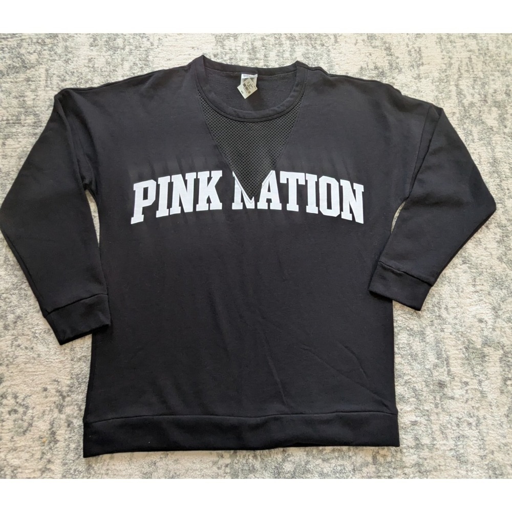 Victorias Secret Pink Nation Campus Mesh Sweatshirt Sz M Black NWT NOS Crewneck